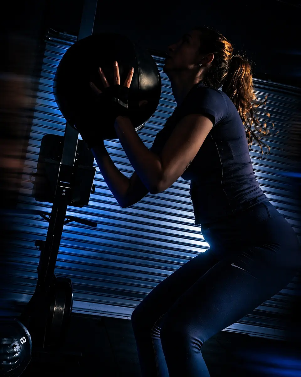 A person holding a medicine ball in front of their chest
