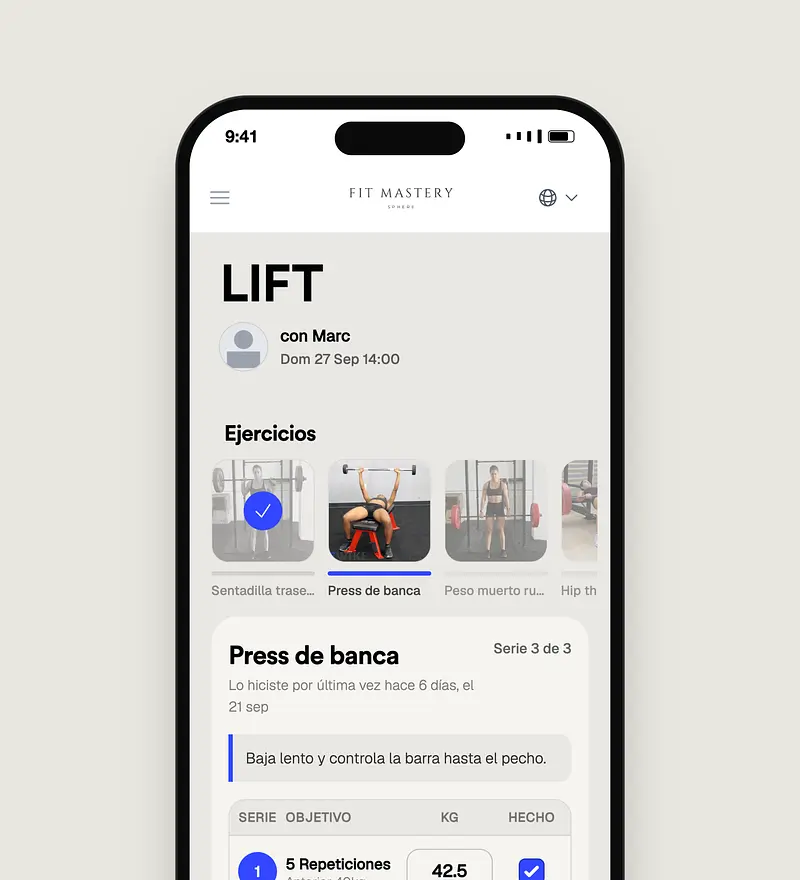 A fitness app displaying a Lift workout session with exercise thumbnails and bench press instructions