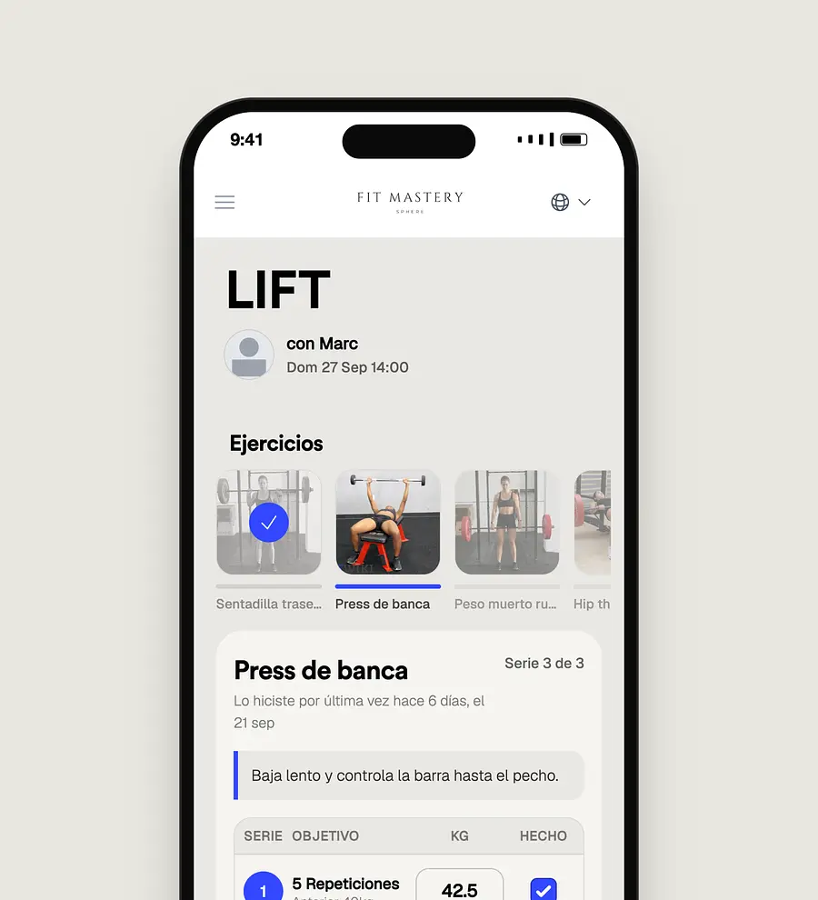 A fitness app displaying a Lift workout session with exercise thumbnails and bench press instructions