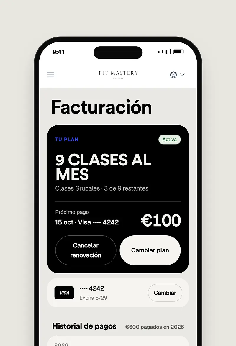 A gym membership app screen displaying an active monthly class plan with pricing and payment options