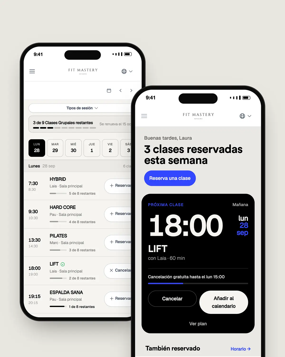 Smartphone screens showing a fitness studio's class booking app with schedule and class details
