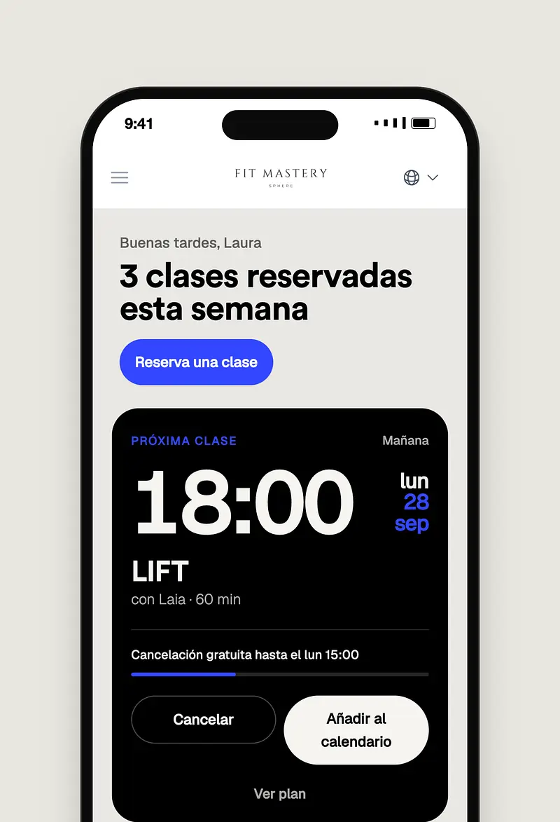 A mobile app screen displaying a fitness class booking interface with reservation details and action buttons