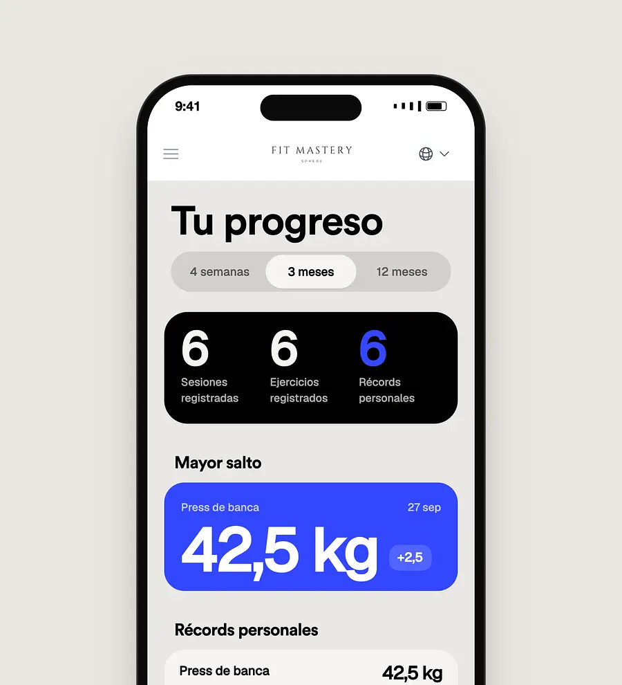 A fitness tracking app showing progress metrics, workout sessions, and personal records for bench press
