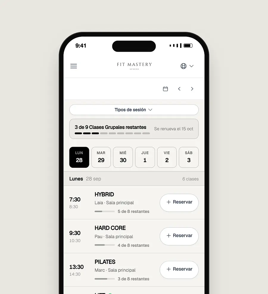 A fitness app schedule screen displaying available classes with times and reservation options